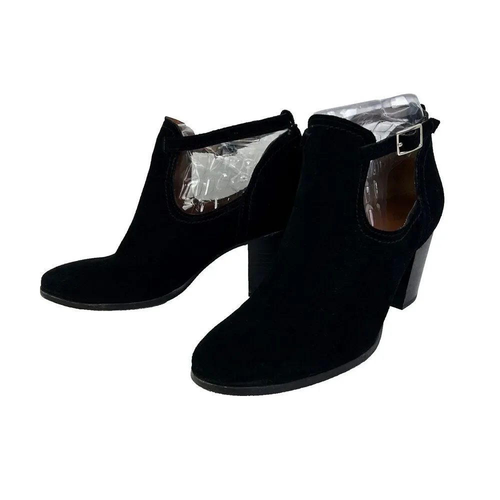 Frye Meghan Ankle Boots Black Suede Booties Cutout Strap w/ Buckle Heeled sz 9